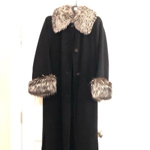Black Wool Coat with Fox Trim